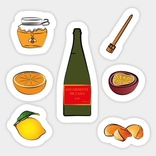 Madeira Island Poncha icons: fruits, aguardente de cana/rum, honey and traditional stirring stick Sticker